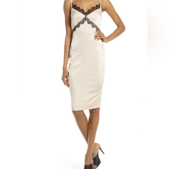 Lavish Alice Contrast Lace Satin Midi Slip Dress Black Champagne V-Neck Sz 12 - Picture 1 of 13